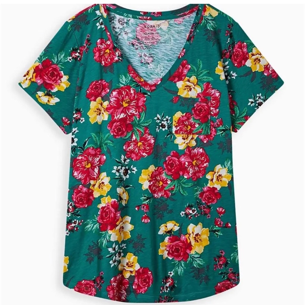 Torrid Floral V-Neck Short Sleeve Tee - Green and Red